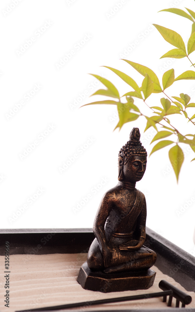 Statue de bouddha sur un petit jardin japonais