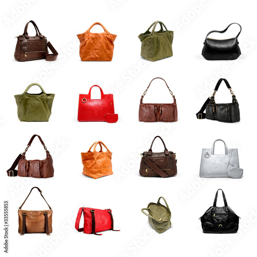 A woman's handbag on a white variety.