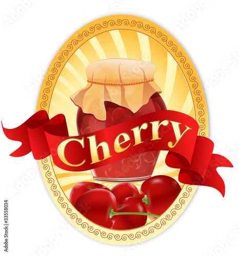 vector label with a jar of cherry jam and a ribbon