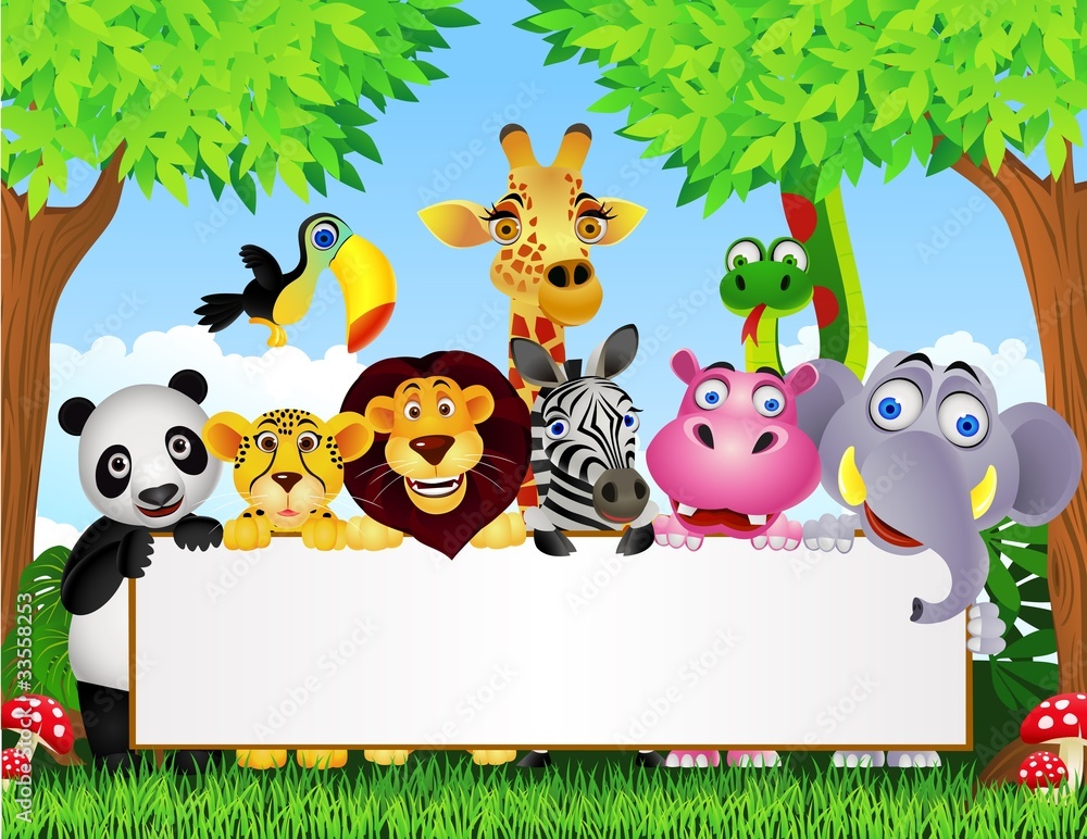 Fototapeta premium Animal cartoon and blank sign