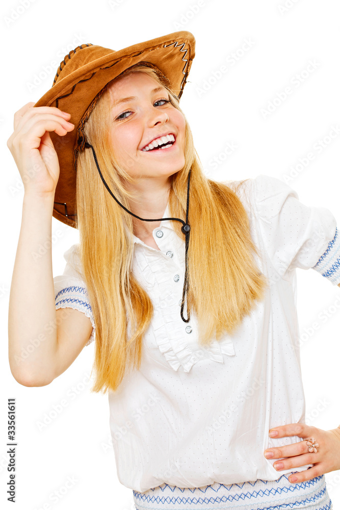 Pretty smiling cowgirl in hat and white blouse Pretty smiling cowgirl in hat and white blouse