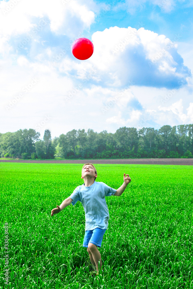 boy play with a ball in the summer field boy play with a ball in the summer field