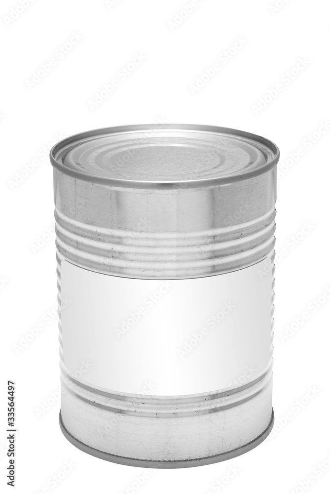 Metal tin can with blank white label on front, isolated Metal tin can with blank white label on front, isolated