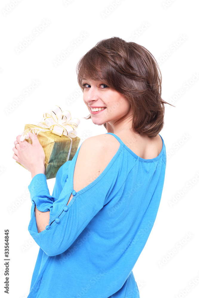 beautiful girl with a gift box. isolated on a white background beautiful girl with a gift box. isolated on a white background