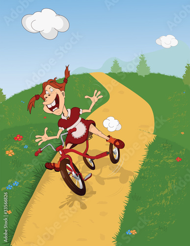 The cheerful girl goes for a drive on a bicycle. Cartoon.
