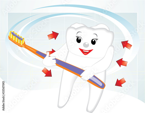 Smiling tooth and toothbrush. Cartoon. Dental concept