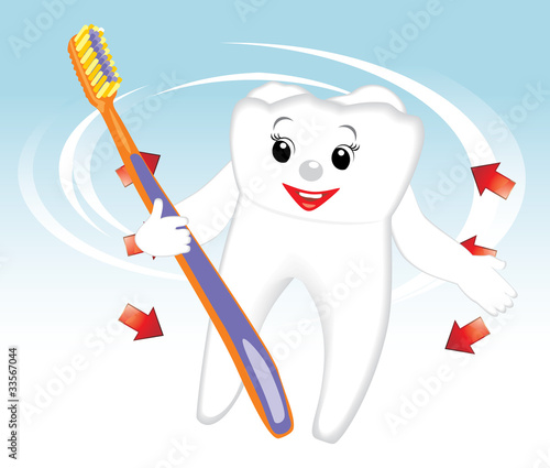 Smiling tooth and toothbrush. Cartoon