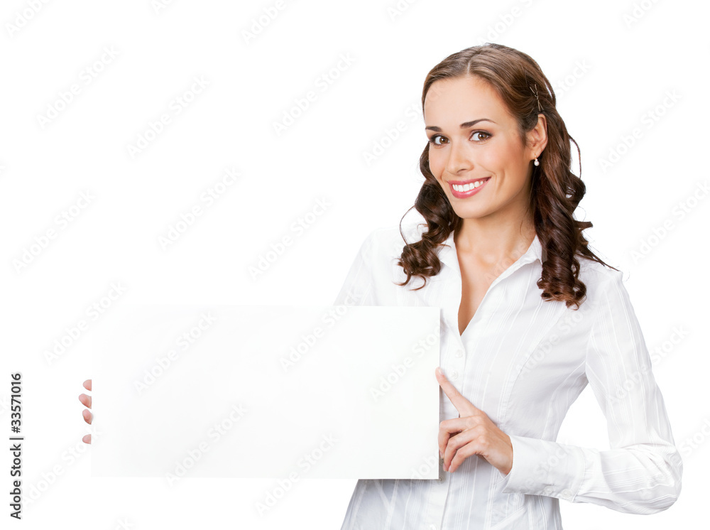 Smiling businesswoman showing blank signboard, isolated Smiling businesswoman showing blank signboard, isolated