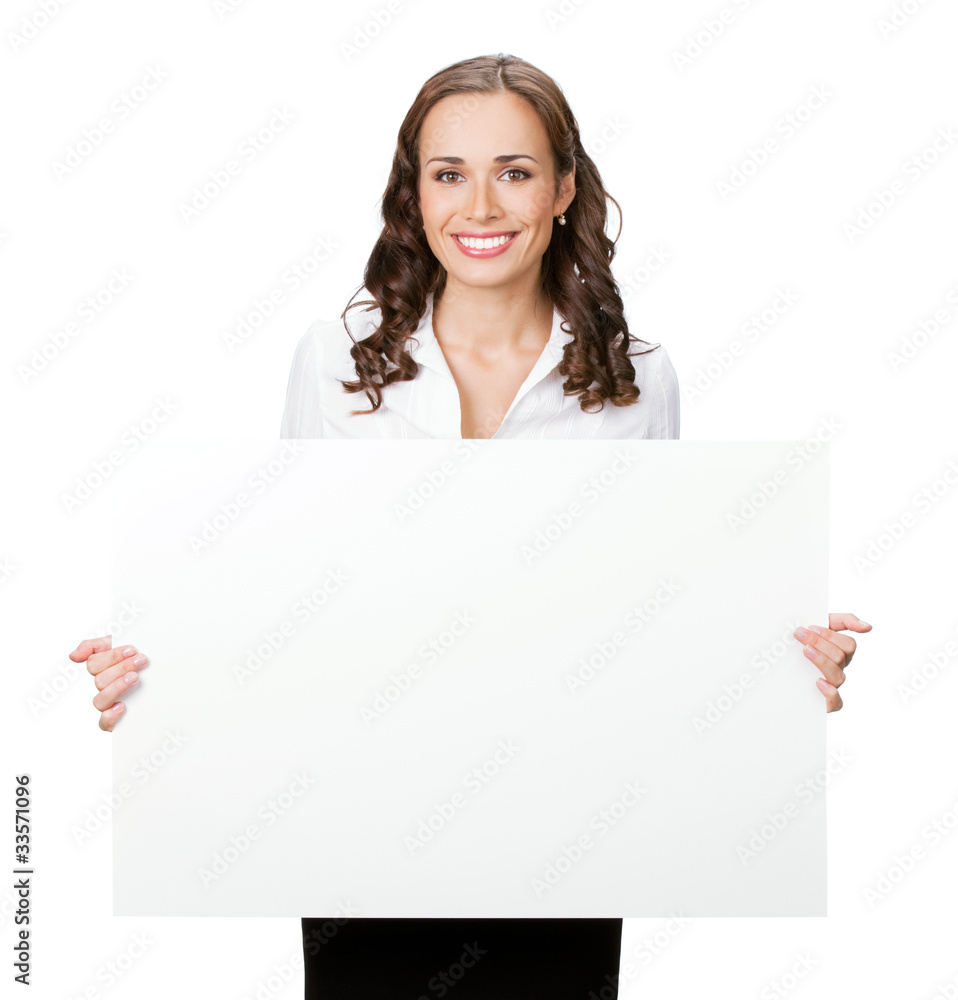 Smiling businesswoman showing blank signboard, isolated Smiling businesswoman showing blank signboard, isolated
