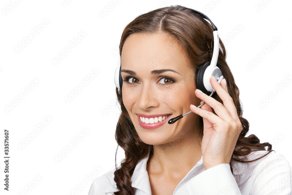 Young support phone operator in headset, isolated on white Young support phone operator in headset, isolated on white