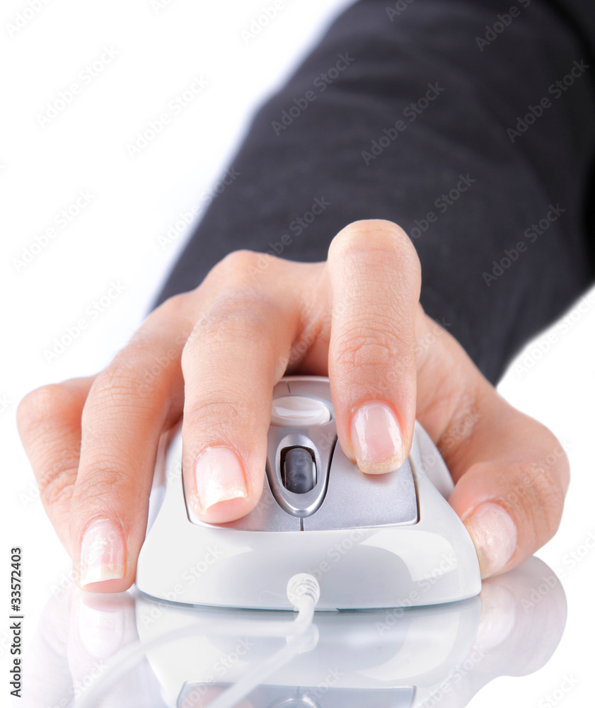 female hand using mouse on white background female hand using mouse on white background