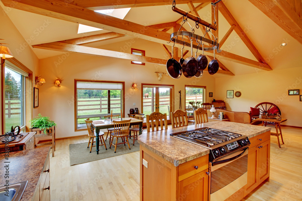 Large living room on the horse ranch with the kitchen. - obrazy, fototapety, plakaty 