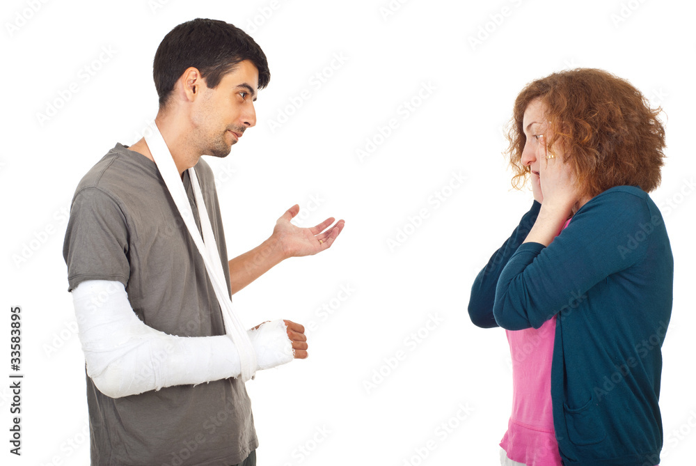 Injured man explain to worried wife Injured man explain to worried wife