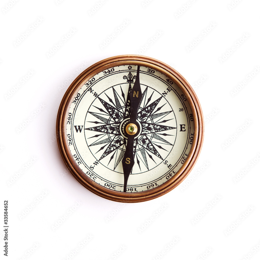 Vintage brass compass with clipping path