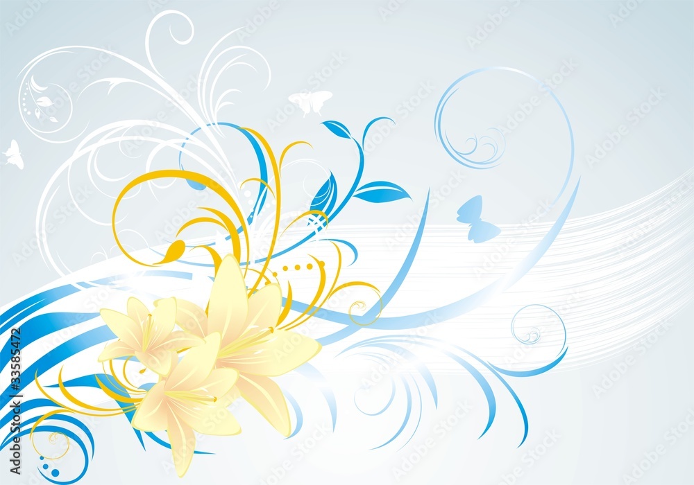 Floral ornament with lilies on the blue background