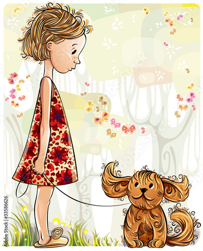 Little girl with puppy in the park. Vector illustration. #33586626