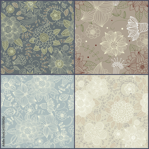 Set of floral vintage seamless pattern