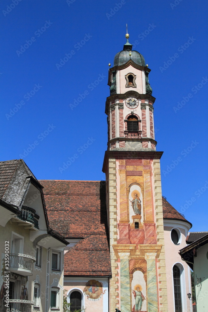 church tower of Mittenwald at Bavarian Alps, Germany