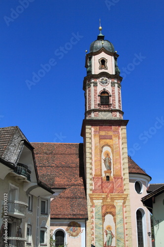church tower of Mittenwald at Bavarian Alps, Germany