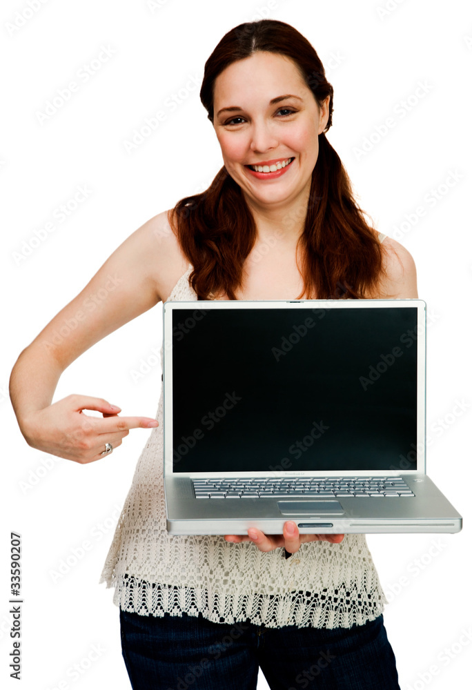 Portrait of a woman showing laptop Portrait of a woman showing laptop