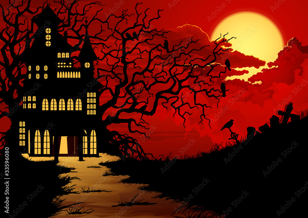 Halloween background with haunted house and cemetery