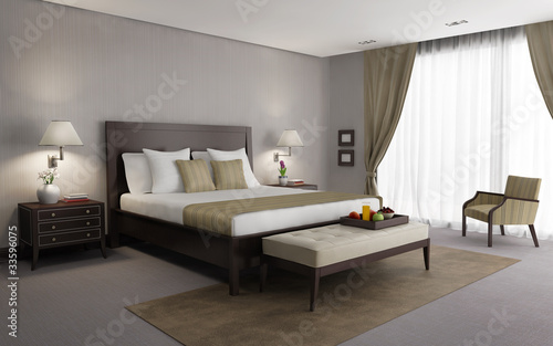 Beige chic luxury bedroom 3d rendering  side view with breakfast