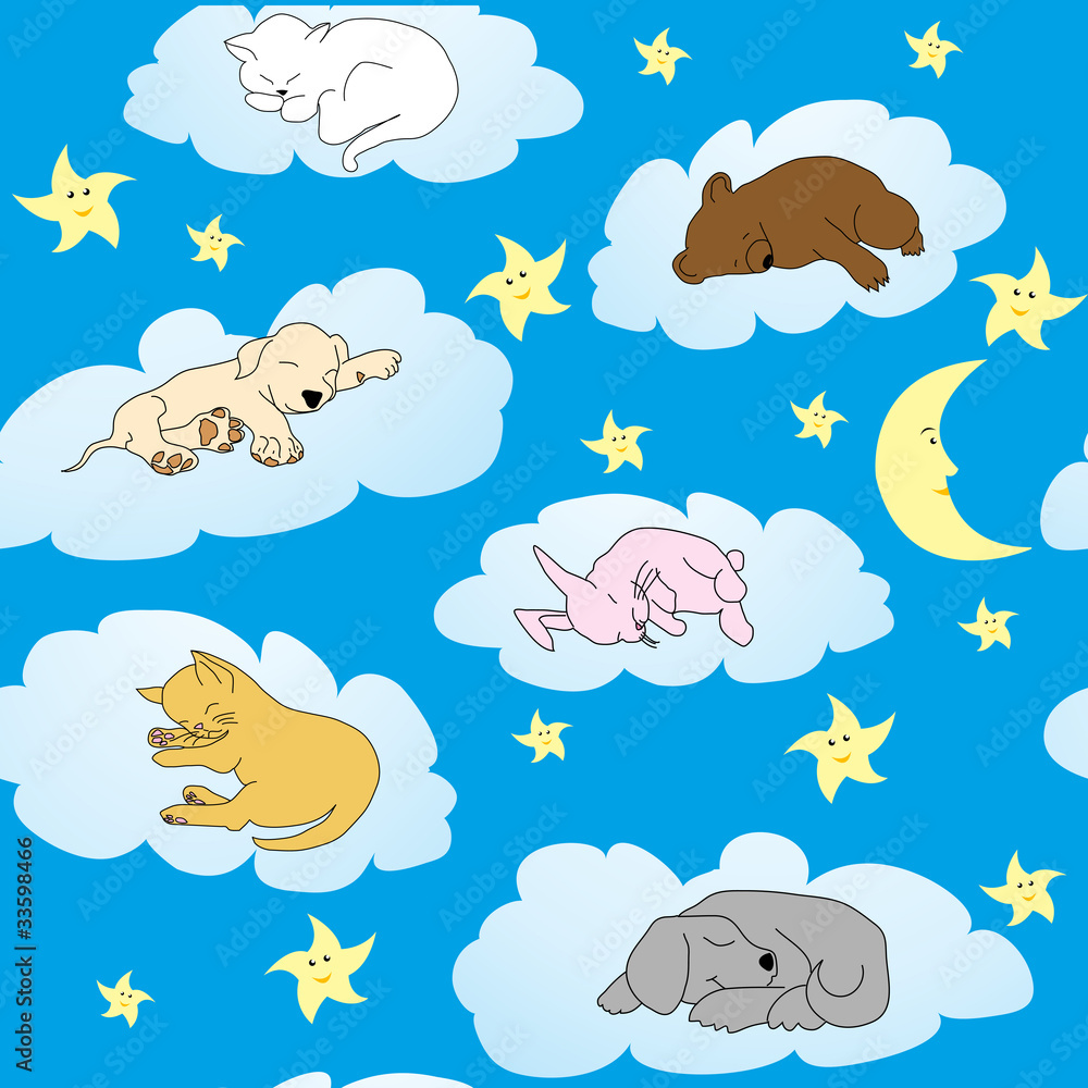 Background with cute doodle animals sleeping on clouds Background with cute doodle animals sleeping on clouds