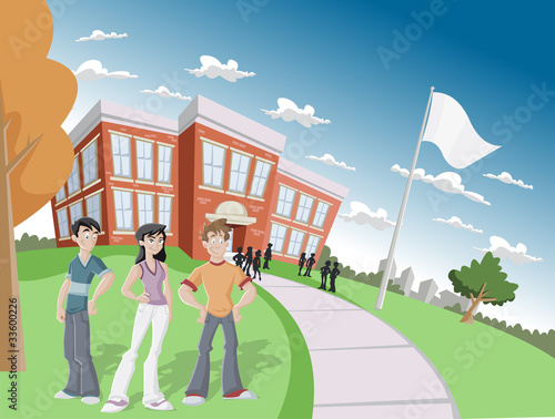 Students in front of school
