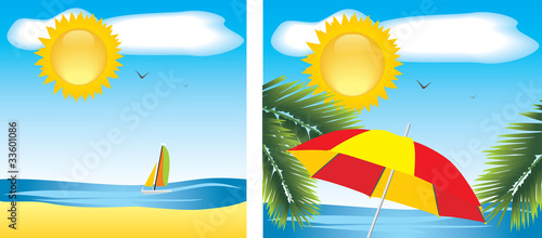 Beach umbrella among the branches of palm and kind on a sea