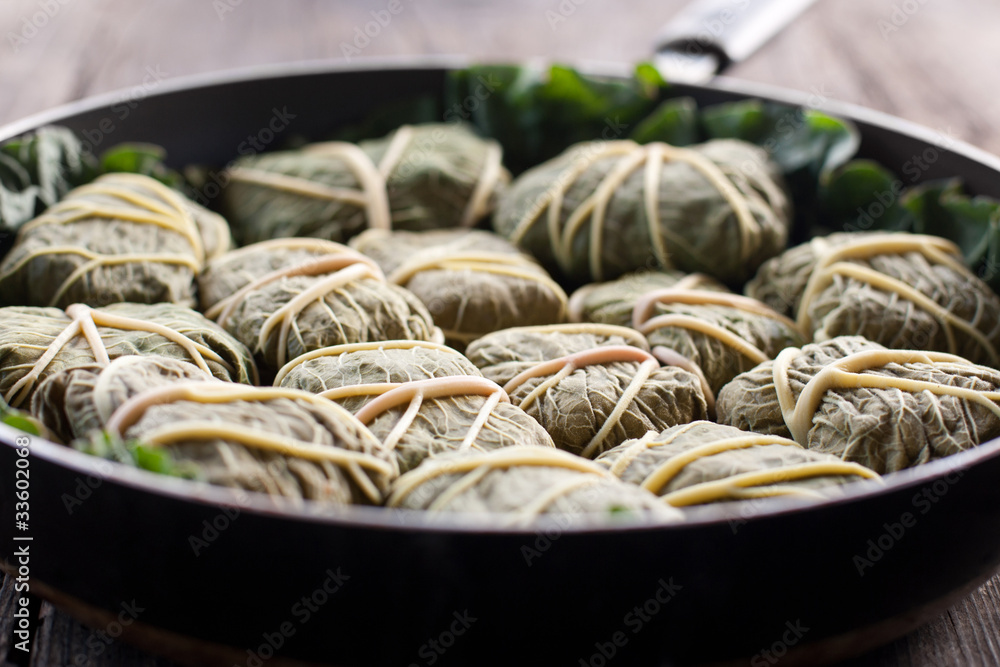 Dolmades with rhubarb leaves, meat and rice Dolmades with rhubarb leaves, meat and rice