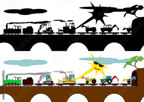 Children's train on the bridge carrying bulldozers
