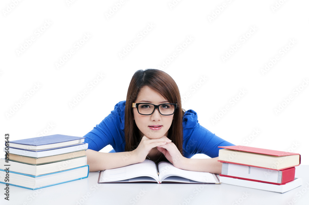 Casual student resting with hands on chin Casual student resting with hands on chin