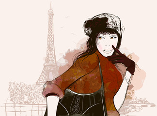 Fototapete Abbildung Paris Frau im Herbst mit Laub  © Isaxar