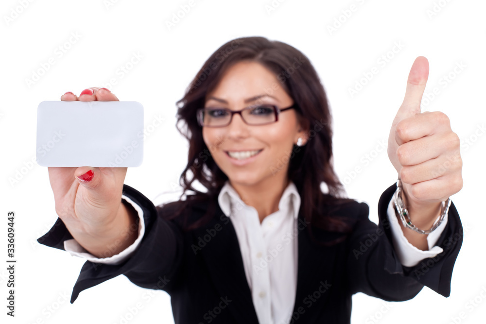 businesswoman holding blank business card giving thumbs up businesswoman holding blank business card giving thumbs up