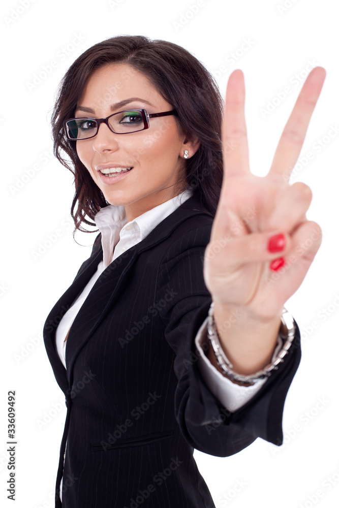 beautiful business woman showing victory sign beautiful business woman showing victory sign