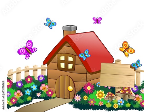Casa Campagna con Cartello-Country House with Wood Panel-Vector