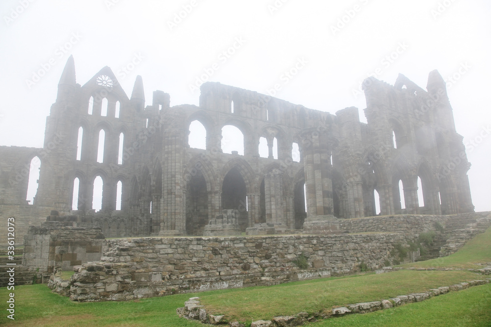Whitby Abbey castle taken in deep fog, ruined Benedictine abbey