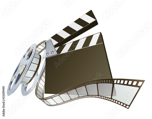 Film clapperboard and movie film reel