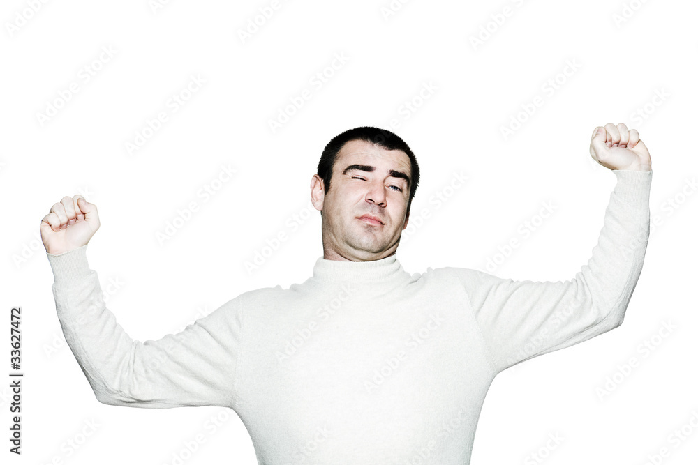 Fototapeta premium Lazy man stretches his hands