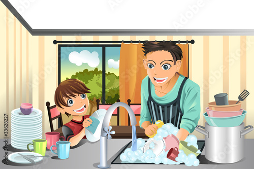 Father and son washing dishes