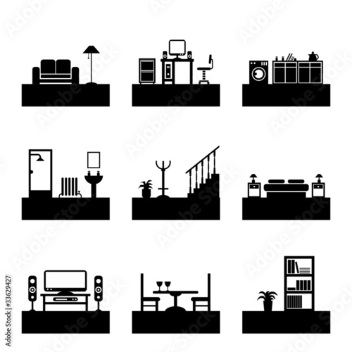 Vector clipart black silhouette room icons isolated on white
