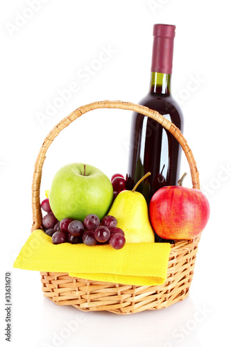 Wine and fruits isolated on white