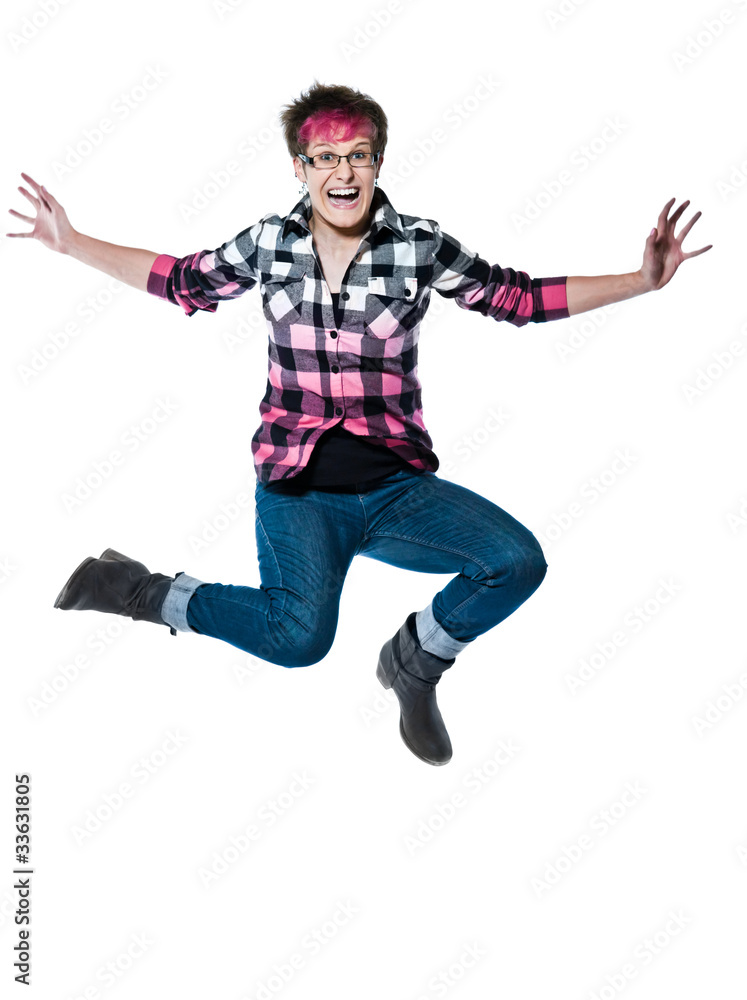 Funky casual young woman jumping in joy