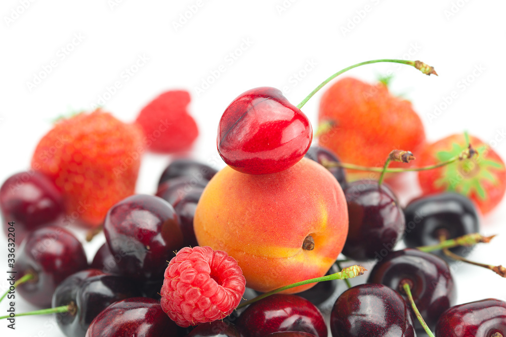 apricot, cherries, strawberries and raspberries isolated on whit apricot, cherries, strawberries and raspberries isolated on whit