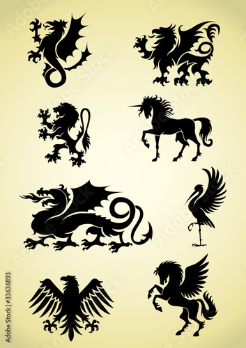 Set of heraldry mythological animals