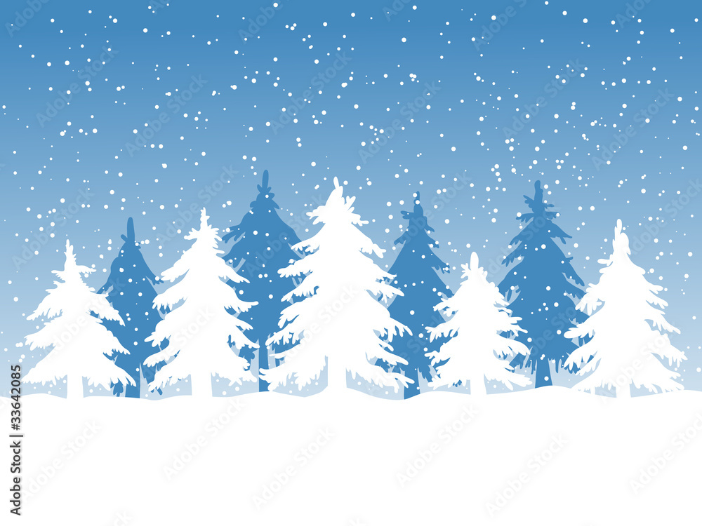 Winter background with fir trees and falling snow