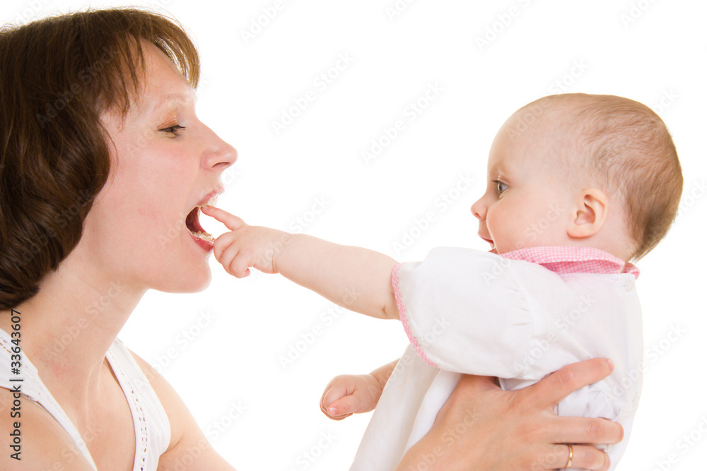 Mother with a baby on a white background.