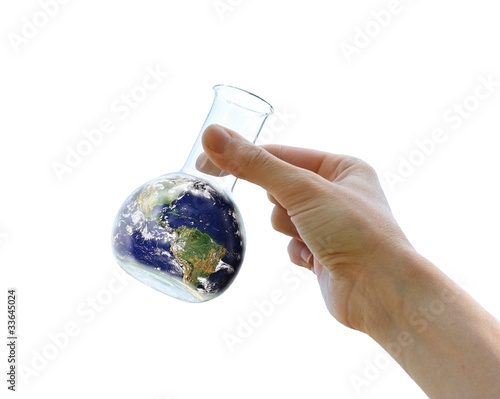 Hand holding the Earth in a flask