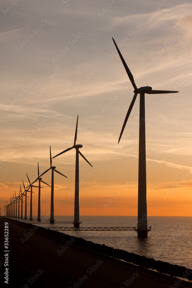 Long row of windturbines in the sea