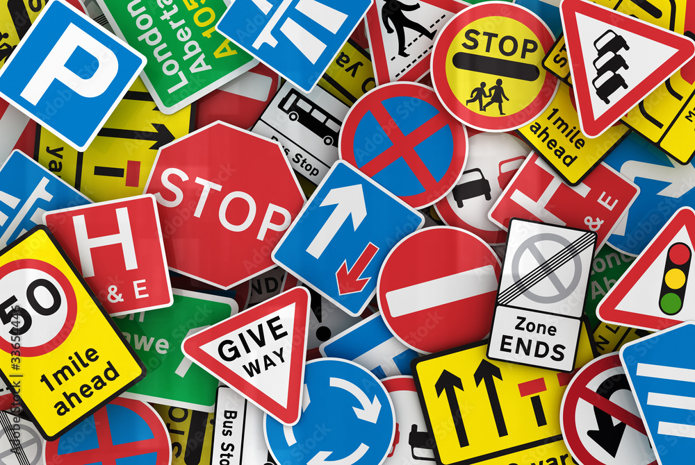 Chaotic collection of many British traffic signs